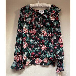 Daniel Caron Womens Bell Sleeve Floral Ruffle Blouse Top Medium Black Pink New